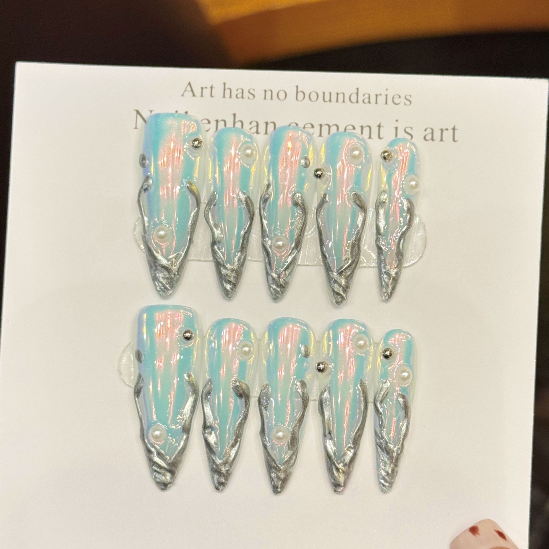 Nail Art Fake - 10pcs Silver Aurora Long Stiletto Fake