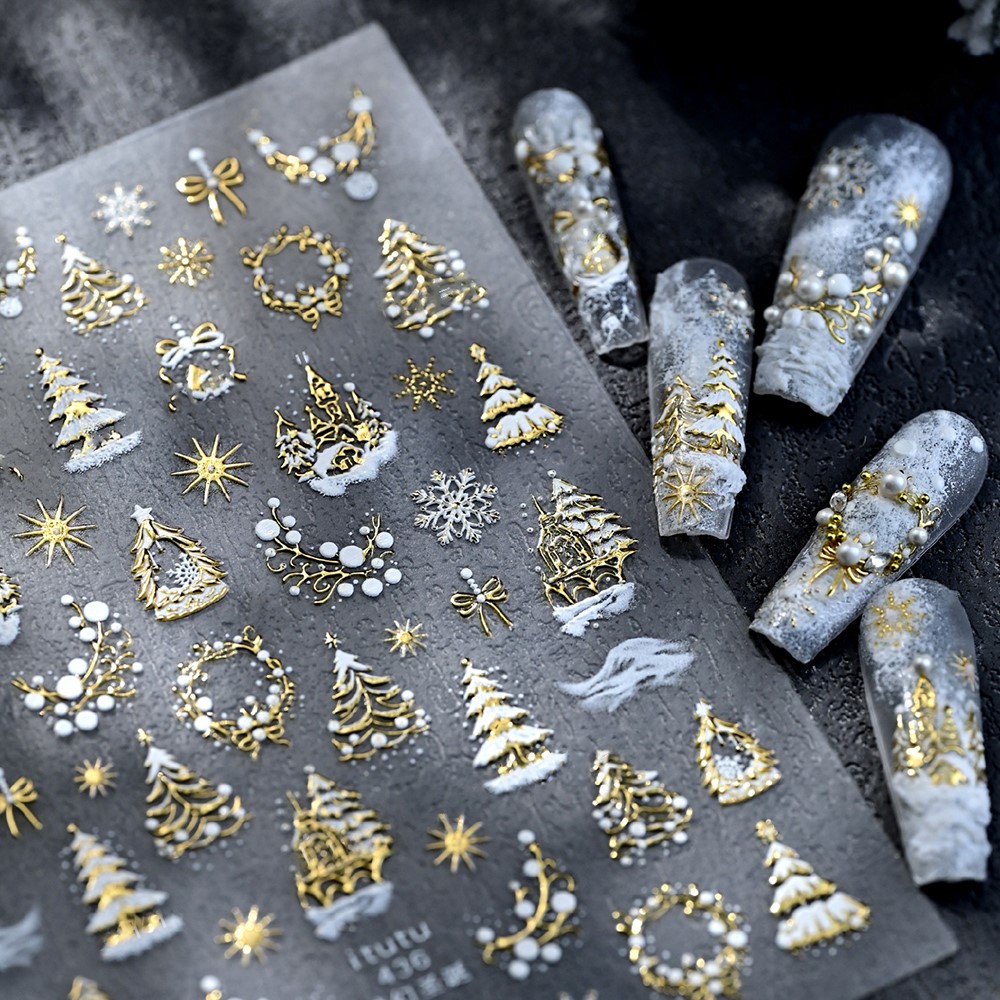 Nail Art Xmas Tree - 5D Embossed Gold Castle/Garland/Christmas Tree Nail