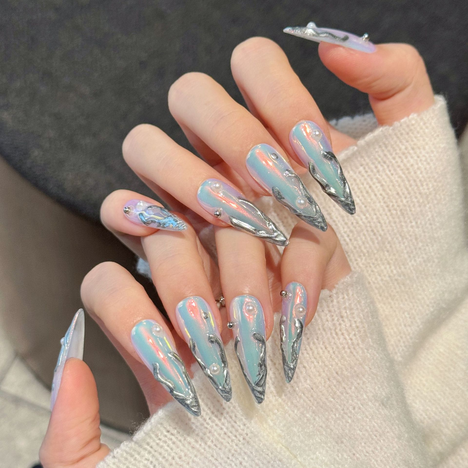 10pcs Silver Aurora Long Stile - Nail Art Fake review and price